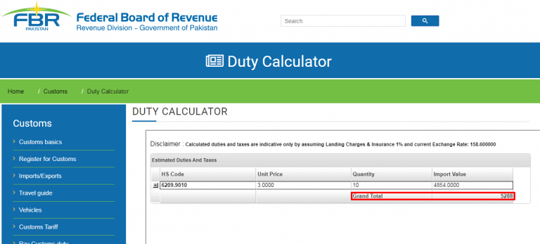 the Grand Total of the customs duty