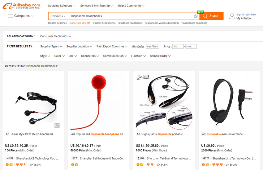 Search Disposable Headphones on Alibaba