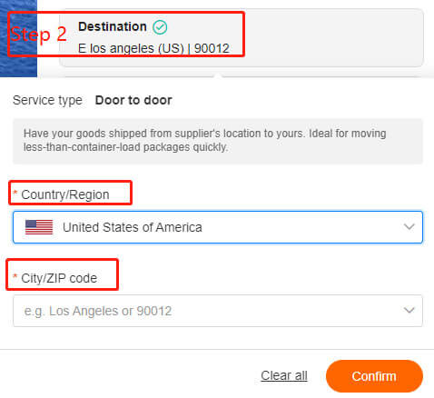 search shipping rates on Alibaba step 2